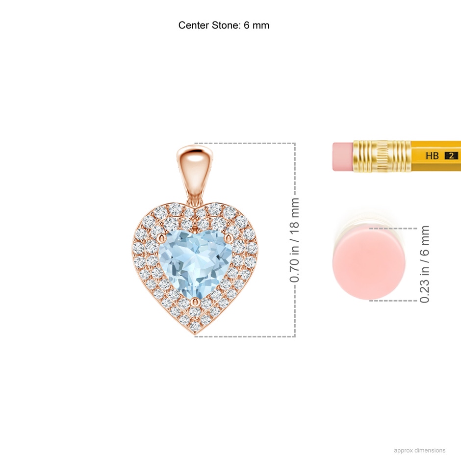 6mm AA Aquamarine Heart Pendant with Diamond Double Halo in Rose Gold ruler