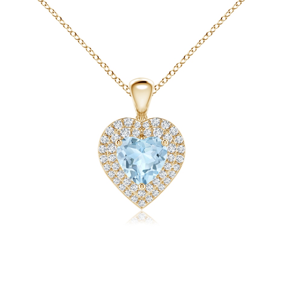 6mm AA Aquamarine Heart Pendant with Diamond Double Halo in Yellow Gold 