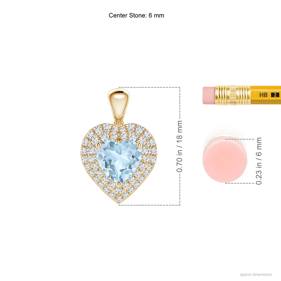 6mm AA Aquamarine Heart Pendant with Diamond Double Halo in Yellow Gold ruler