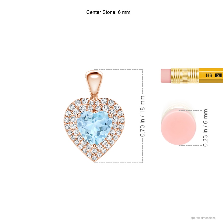 6mm AAA Aquamarine Heart Pendant with Diamond Double Halo in Rose Gold ruler