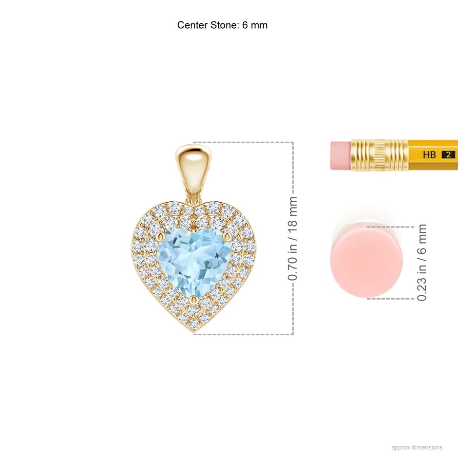 6mm AAA Aquamarine Heart Pendant with Diamond Double Halo in Yellow Gold ruler