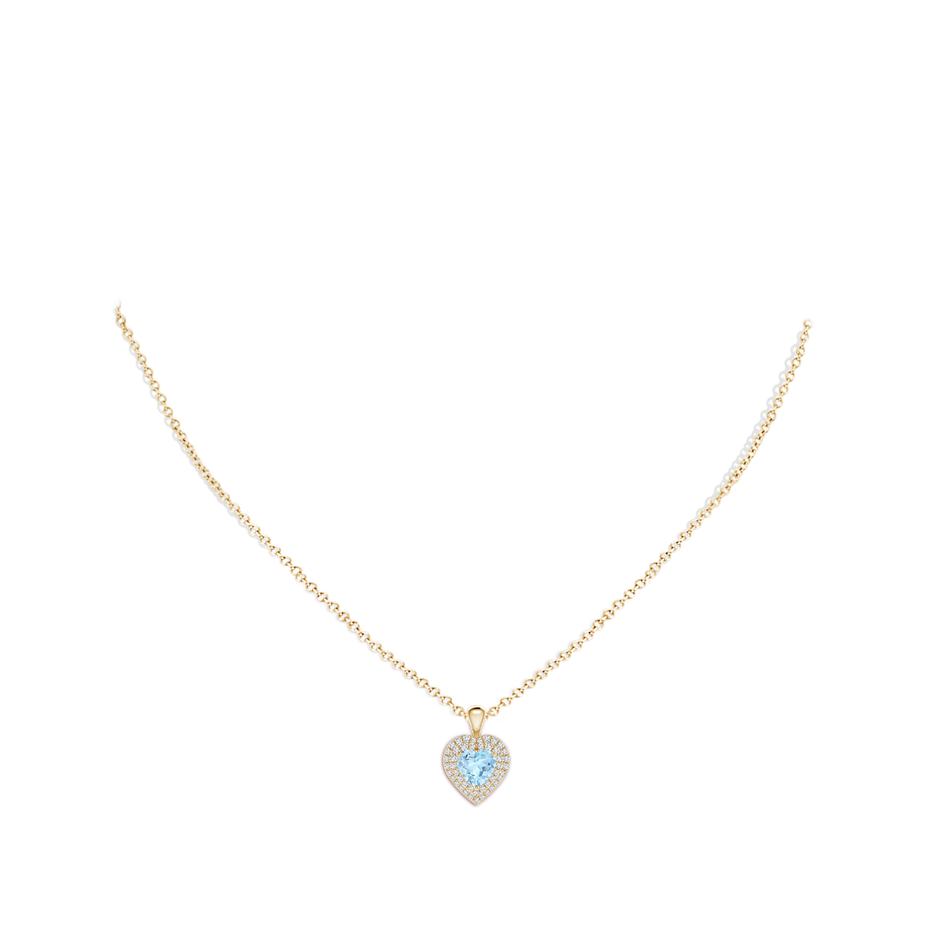 6mm AAA Aquamarine Heart Pendant with Diamond Double Halo in Yellow Gold body-neck