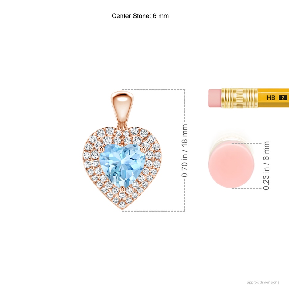 6mm AAAA Aquamarine Heart Pendant with Diamond Double Halo in Rose Gold ruler