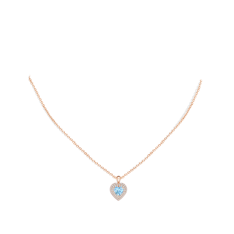 6mm AAAA Aquamarine Heart Pendant with Diamond Double Halo in Rose Gold body-neck
