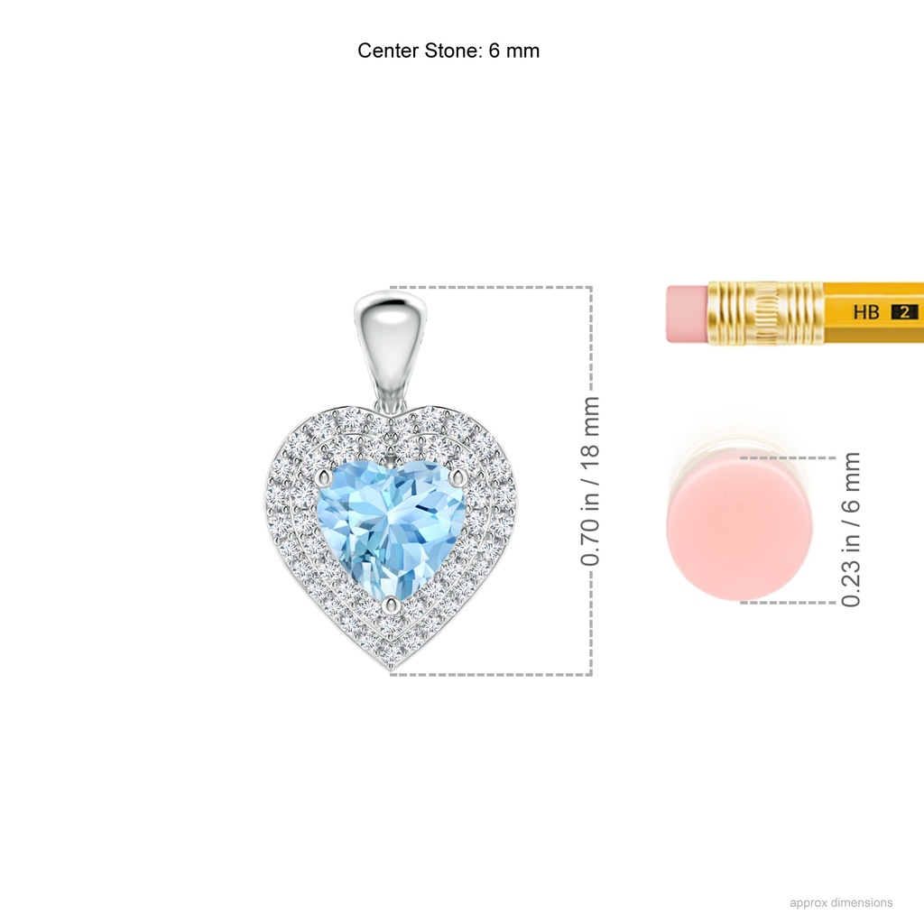 6mm AAAA Aquamarine Heart Pendant with Diamond Double Halo in White Gold Ruler