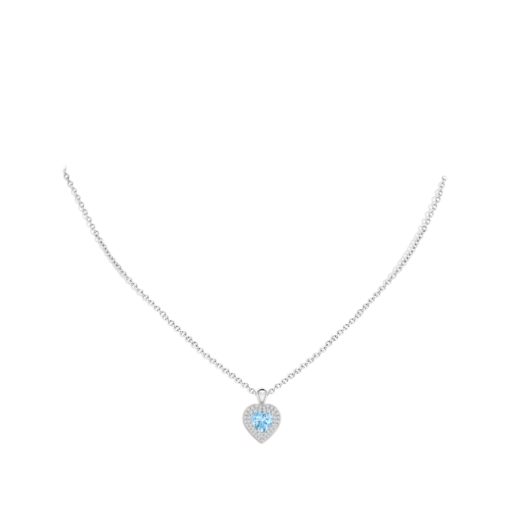 6mm AAAA Aquamarine Heart Pendant with Diamond Double Halo in White Gold Body-Neck