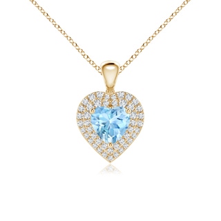 6mm AAAA Aquamarine Heart Pendant with Diamond Double Halo in Yellow Gold