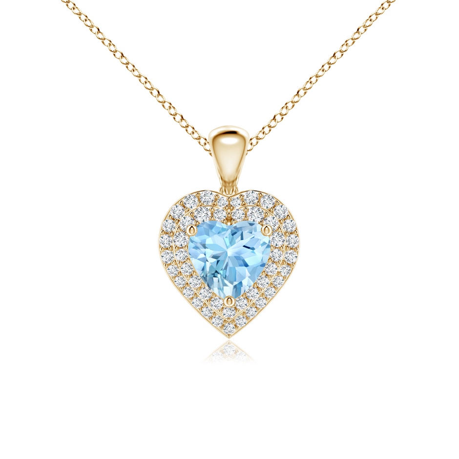 6mm AAAA Aquamarine Heart Pendant with Diamond Double Halo in Yellow Gold 