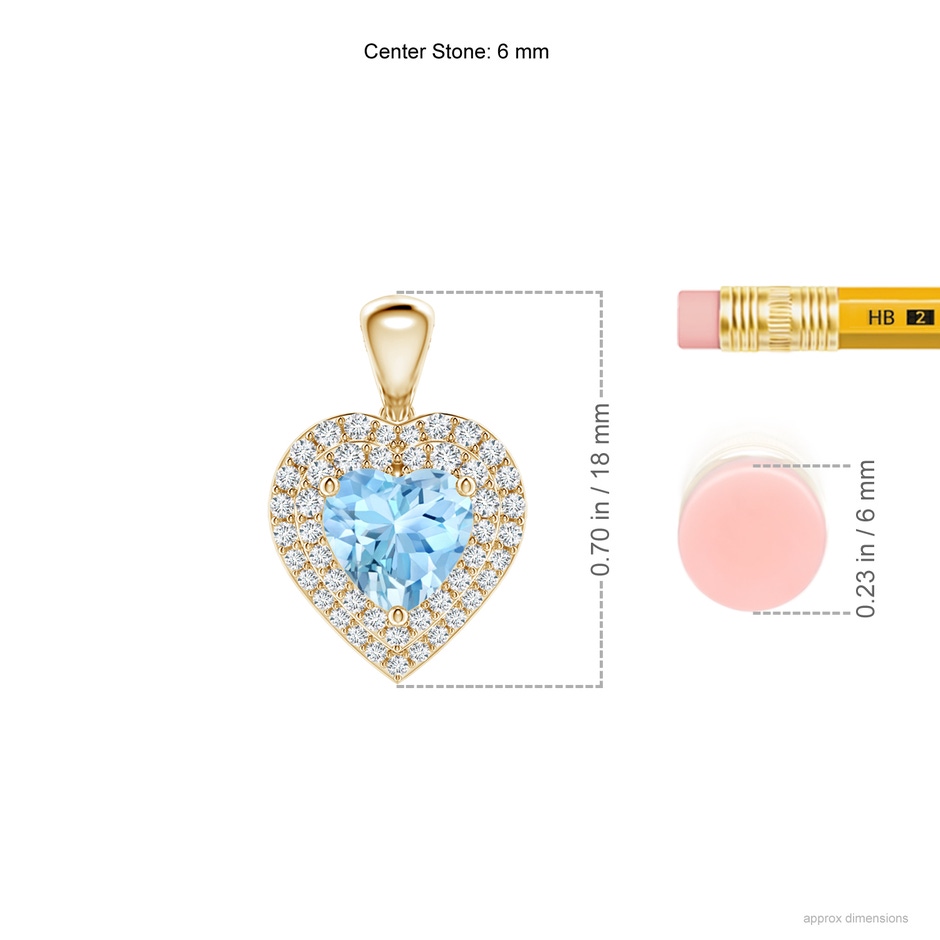 6mm AAAA Aquamarine Heart Pendant with Diamond Double Halo in Yellow Gold ruler