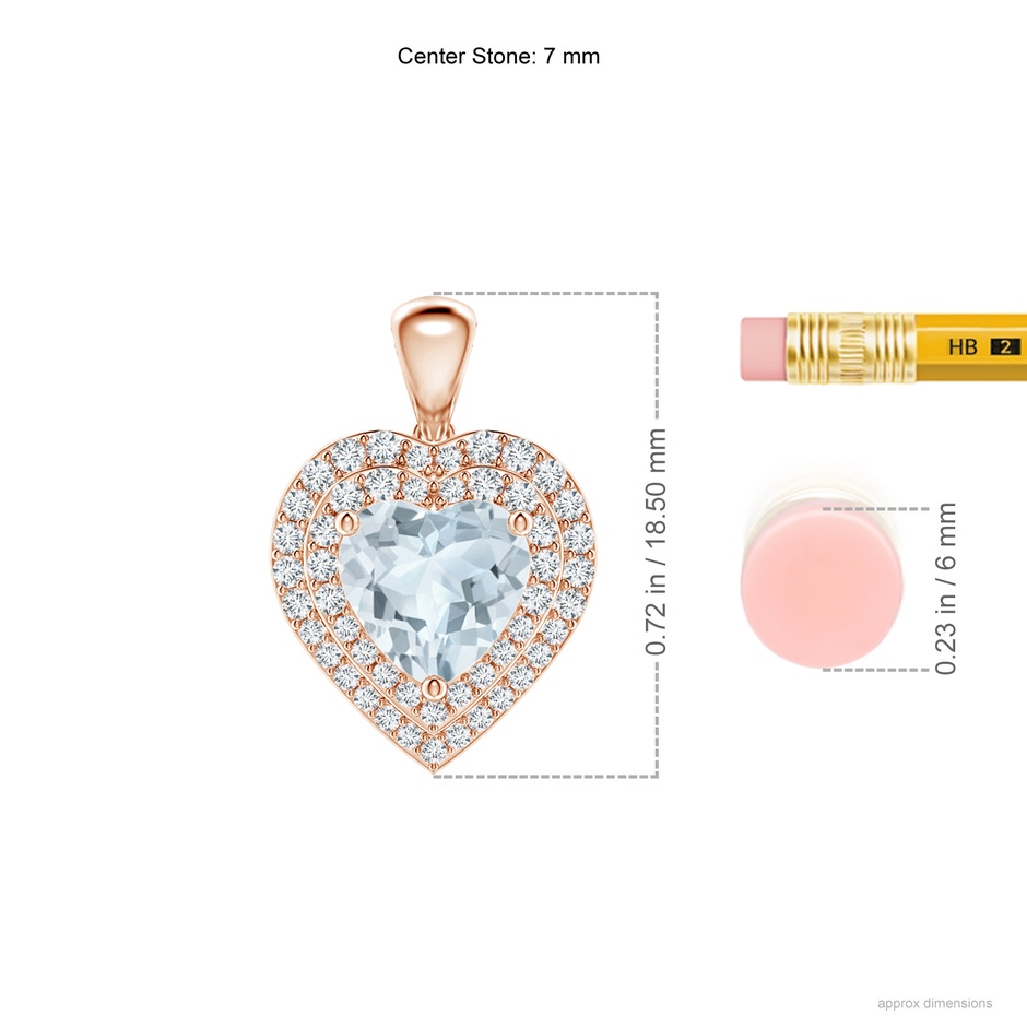 7mm A Aquamarine Heart Pendant with Diamond Double Halo in Rose Gold ruler