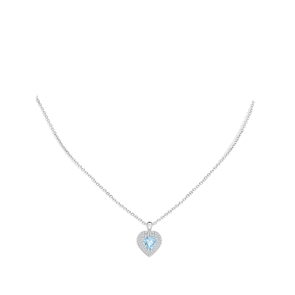 7mm AA Aquamarine Heart Pendant with Diamond Double Halo in White Gold body-neck