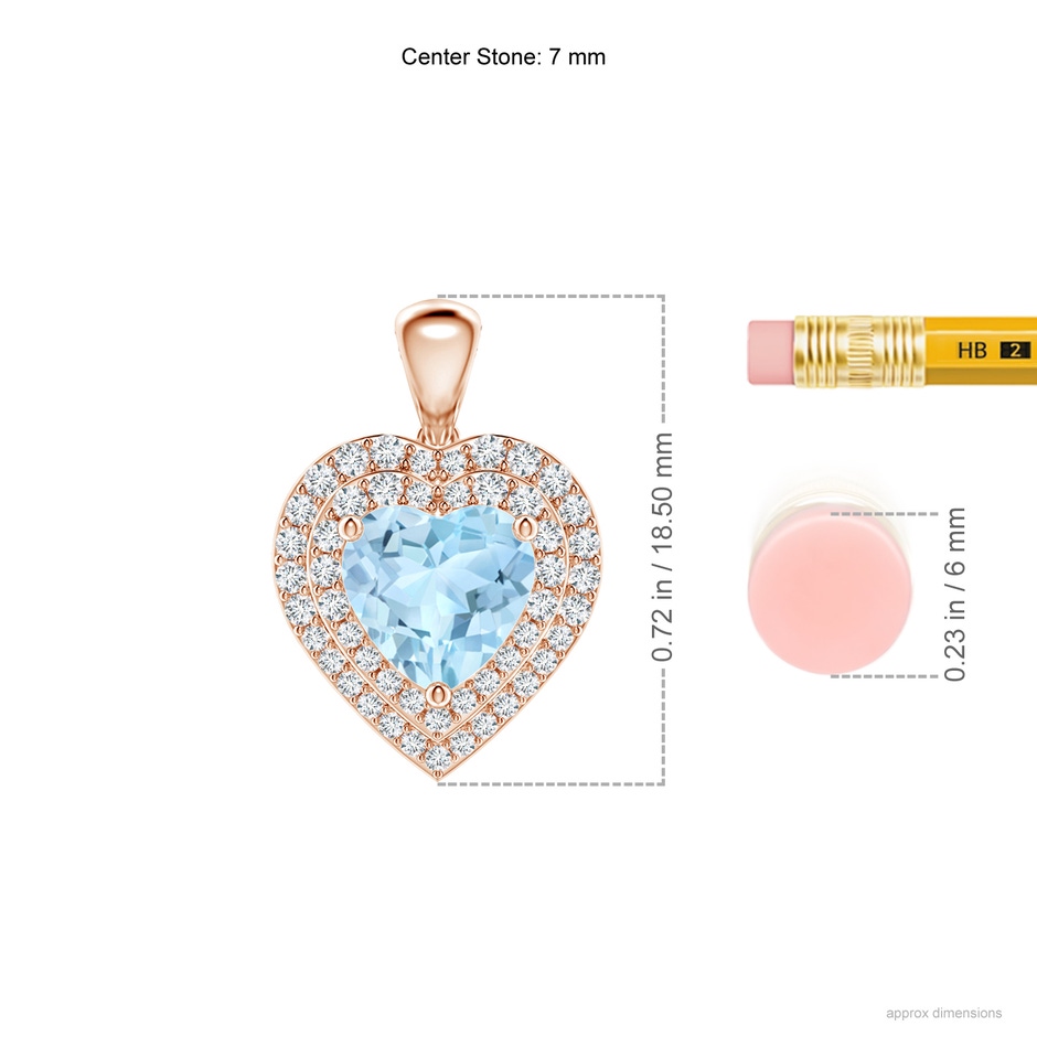 7mm AAA Aquamarine Heart Pendant with Diamond Double Halo in Rose Gold ruler