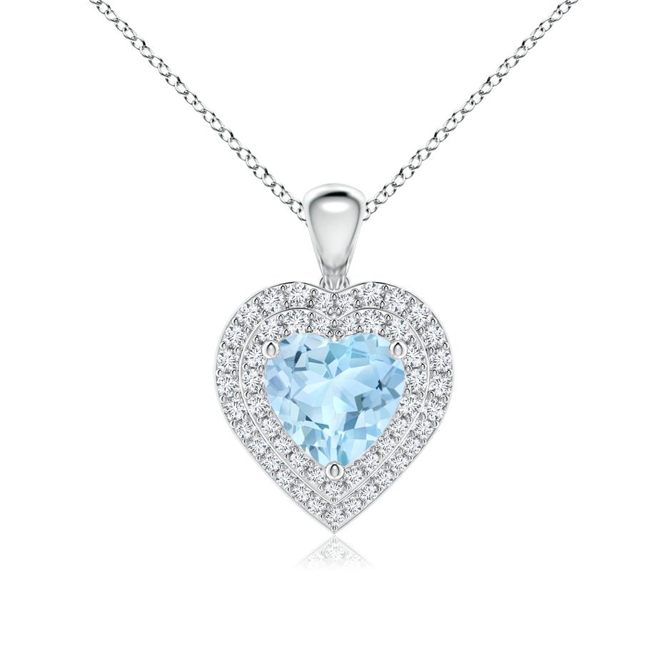 7mm AAA Aquamarine Heart Pendant with Diamond Double Halo in White Gold 