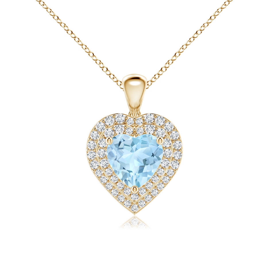7mm AAA Aquamarine Heart Pendant with Diamond Double Halo in Yellow Gold 