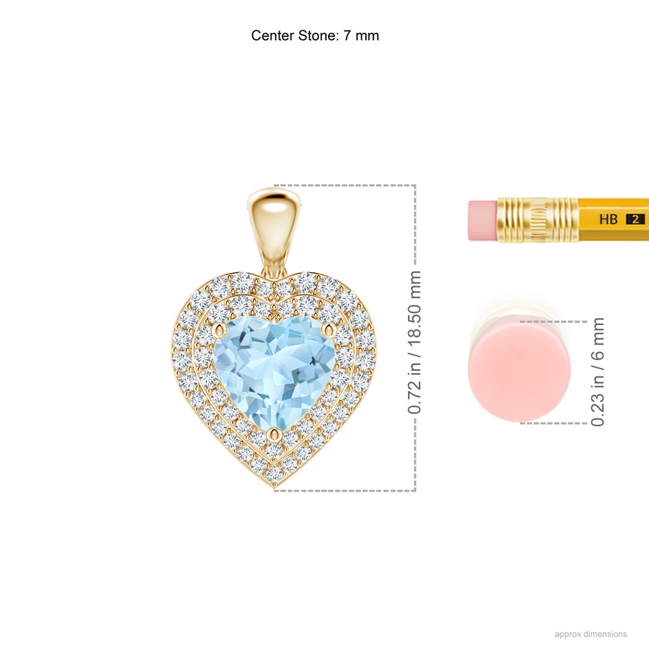 7mm AAA Aquamarine Heart Pendant with Diamond Double Halo in Yellow Gold ruler