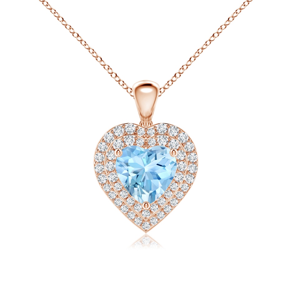 7mm AAAA Aquamarine Heart Pendant with Diamond Double Halo in Rose Gold 