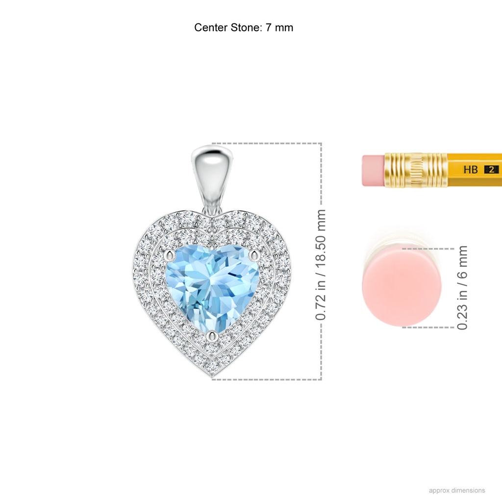 7mm AAAA Aquamarine Heart Pendant with Diamond Double Halo in White Gold Ruler