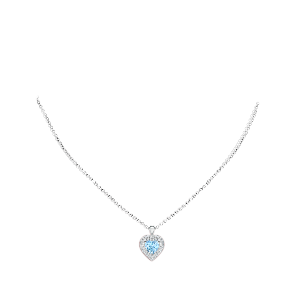 7mm AAAA Aquamarine Heart Pendant with Diamond Double Halo in White Gold Body-Neck