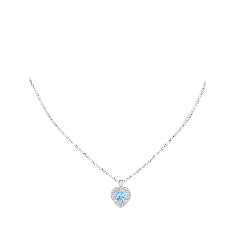 7mm AAAA Aquamarine Heart Pendant with Diamond Double Halo in White Gold body-neck