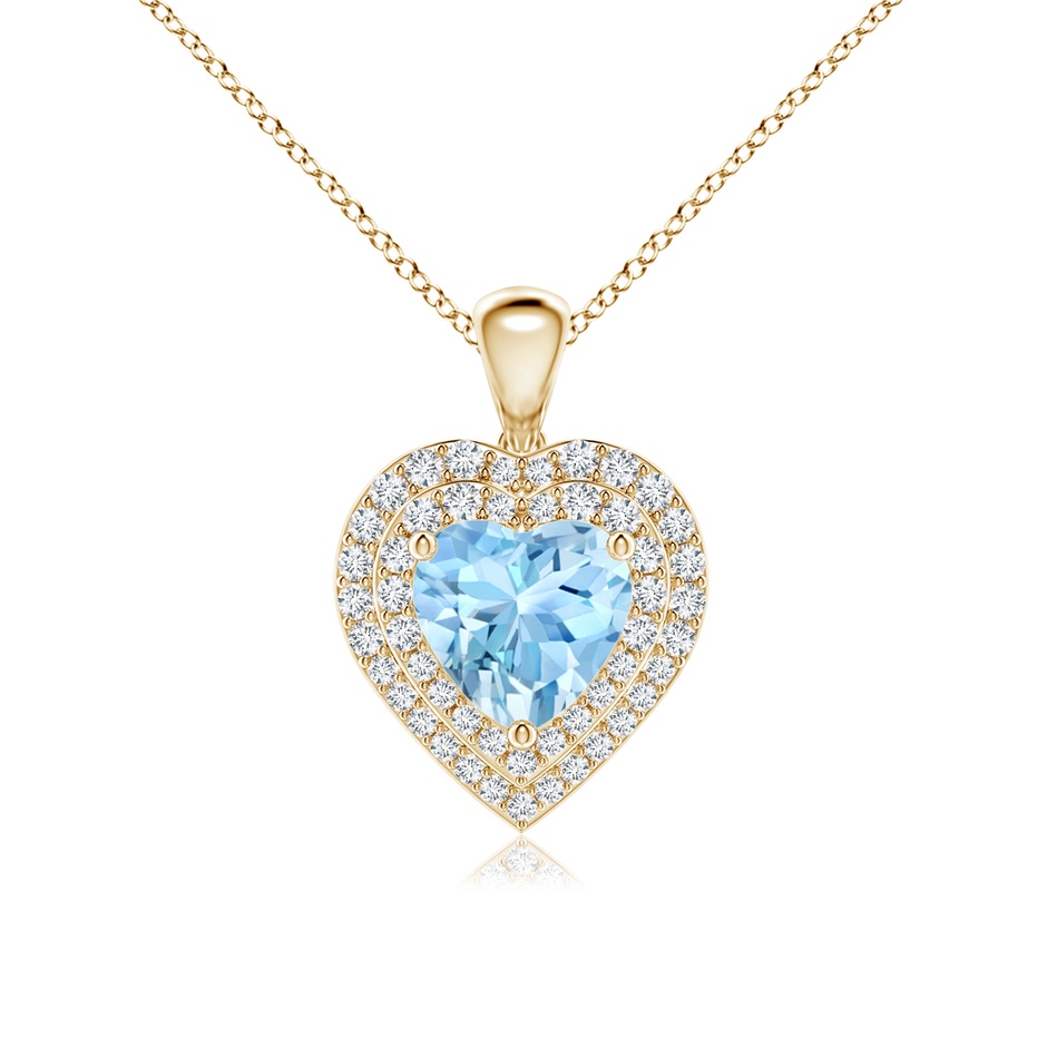7mm AAAA Aquamarine Heart Pendant with Diamond Double Halo in Yellow Gold 