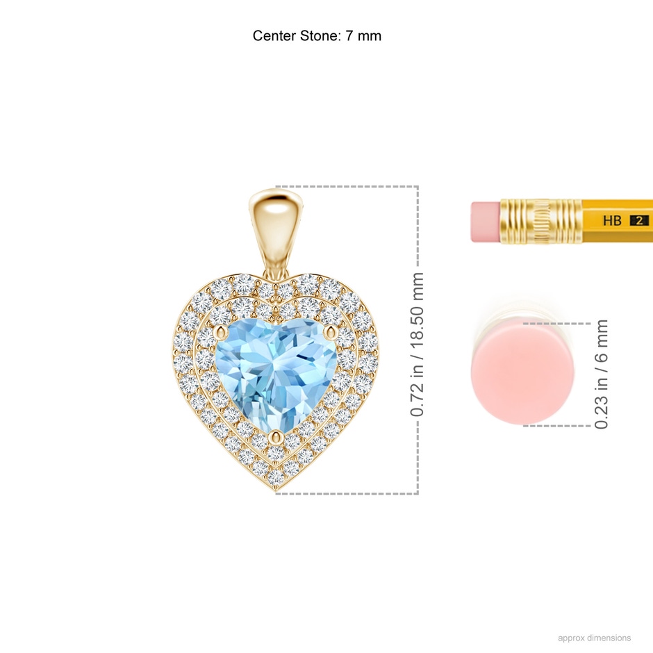 7mm AAAA Aquamarine Heart Pendant with Diamond Double Halo in Yellow Gold ruler