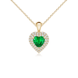 5mm AAA Emerald Heart Pendant with Diamond Double Halo in Yellow Gold