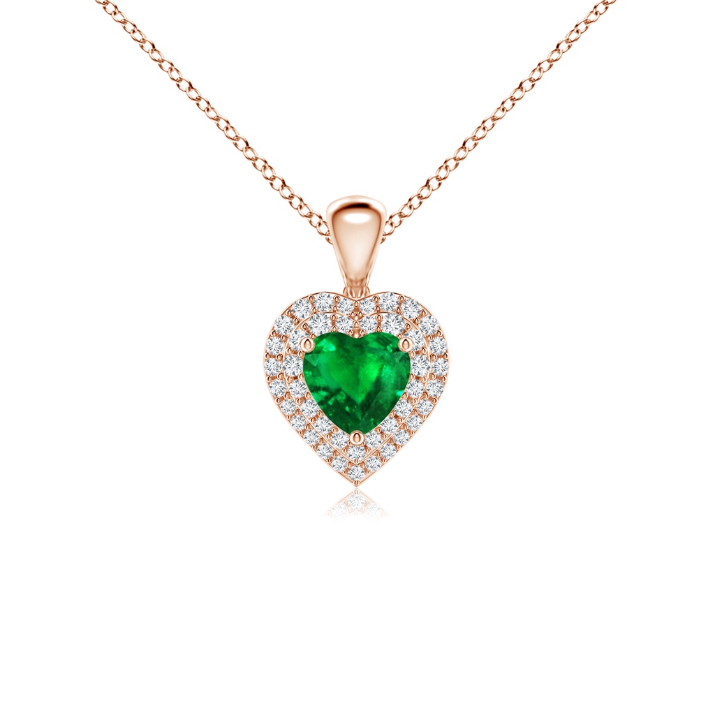 5mm AAAA Emerald Heart Pendant with Diamond Double Halo in Rose Gold