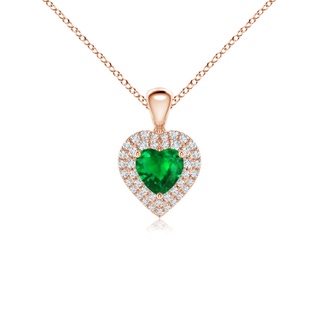 5mm AAAA Emerald Heart Pendant with Diamond Double Halo in Rose Gold