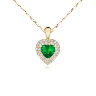 5mm AAAA Emerald Heart Pendant with Diamond Double Halo in Yellow Gold