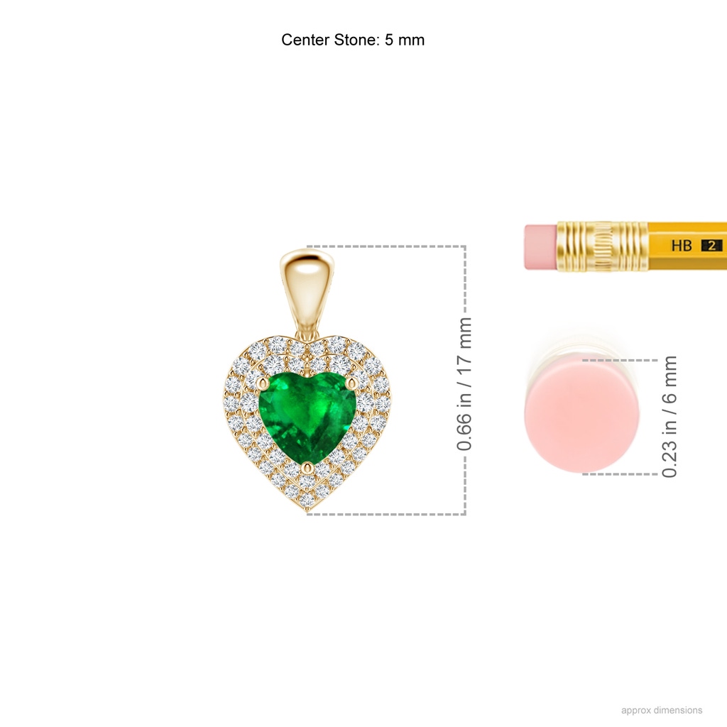 5mm AAAA Emerald Heart Pendant with Diamond Double Halo in Yellow Gold Ruler