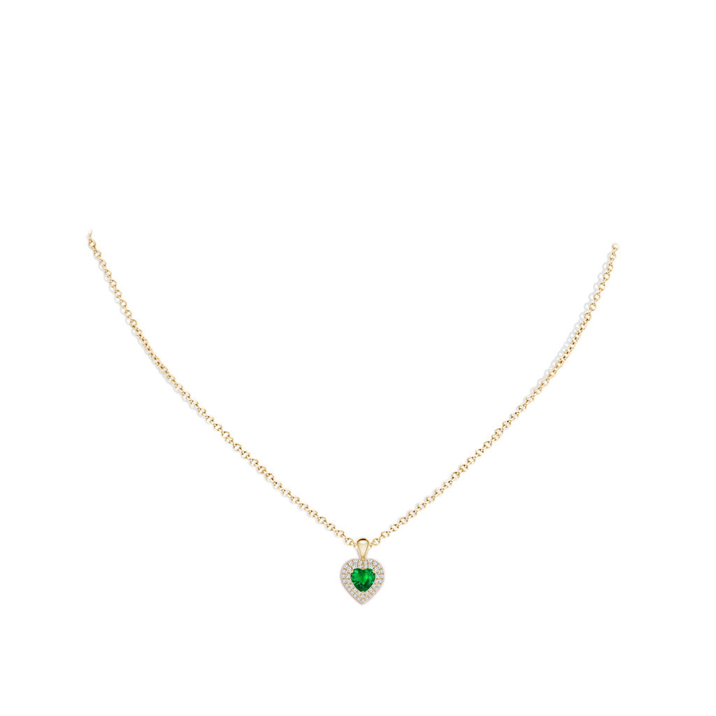 5mm AAAA Emerald Heart Pendant with Diamond Double Halo in Yellow Gold Body-Neck