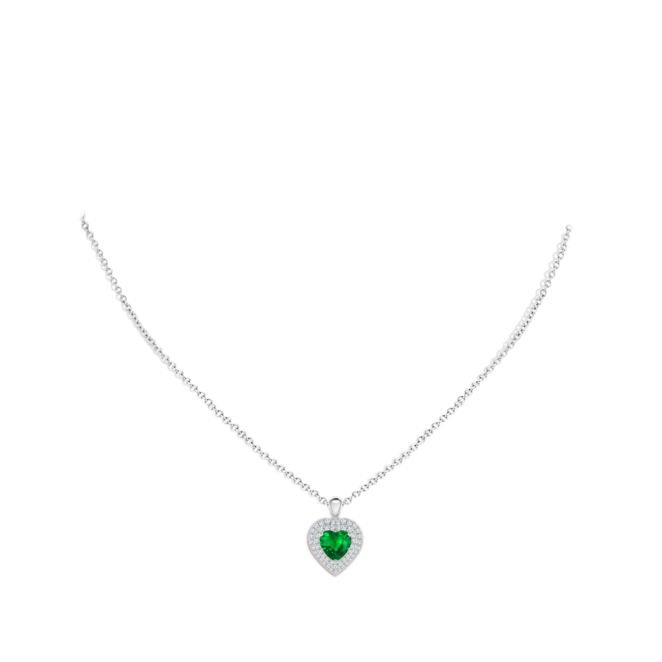 7mm AAAA Emerald Heart Pendant with Diamond Double Halo in White Gold body-neck