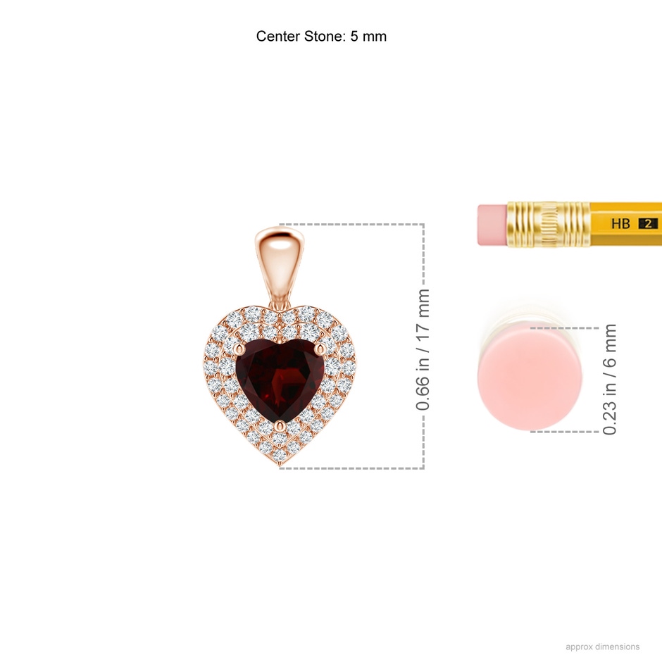 5mm A Garnet Heart Pendant with Diamond Double Halo in Rose Gold ruler