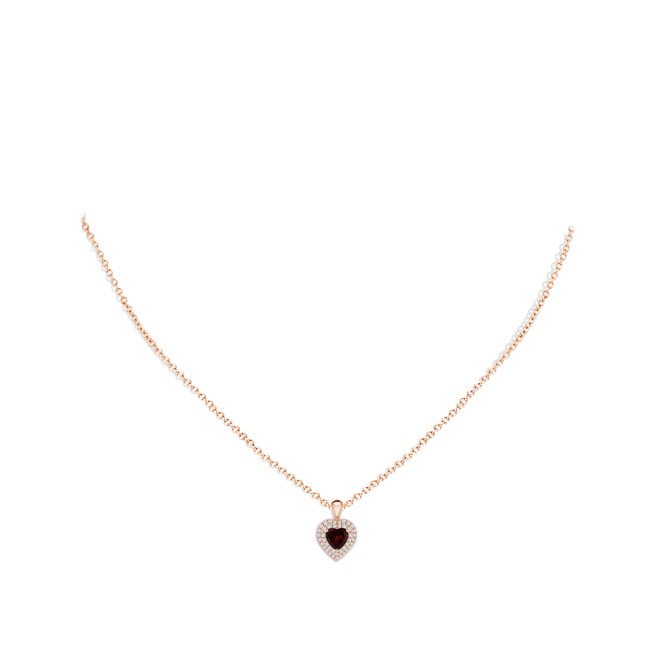 5mm A Garnet Heart Pendant with Diamond Double Halo in Rose Gold body-neck