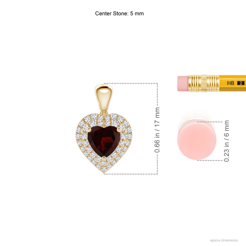 5mm A Garnet Heart Pendant with Diamond Double Halo in Yellow Gold ruler