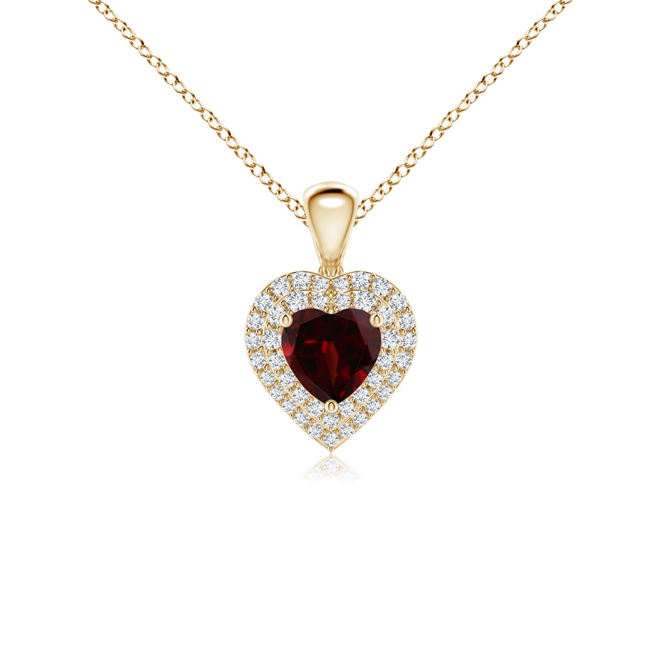 5mm AA Garnet Heart Pendant with Diamond Double Halo in Yellow Gold 