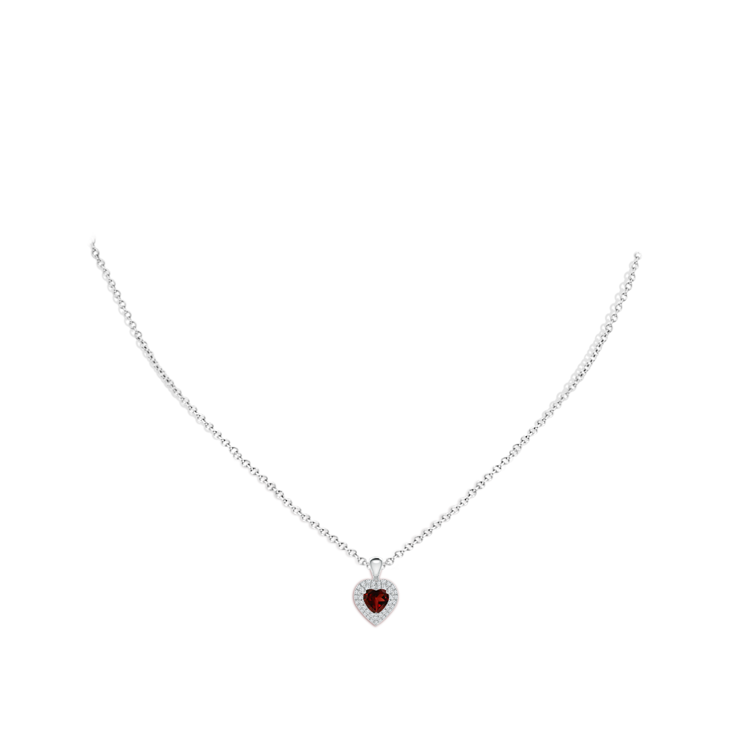 5mm AAA Garnet Heart Pendant with Diamond Double Halo in White Gold - body_neck