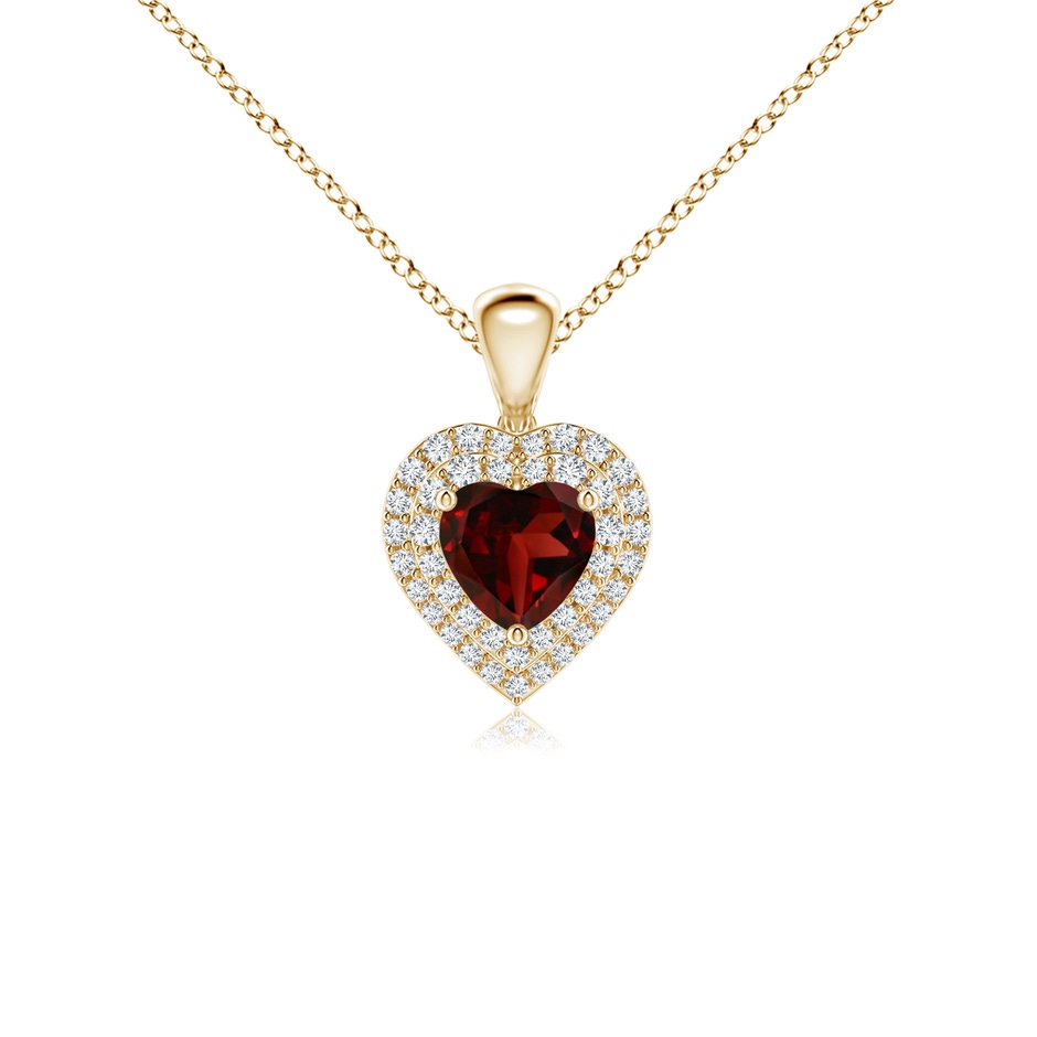 5mm AAA Garnet Heart Pendant with Diamond Double Halo in Yellow Gold 