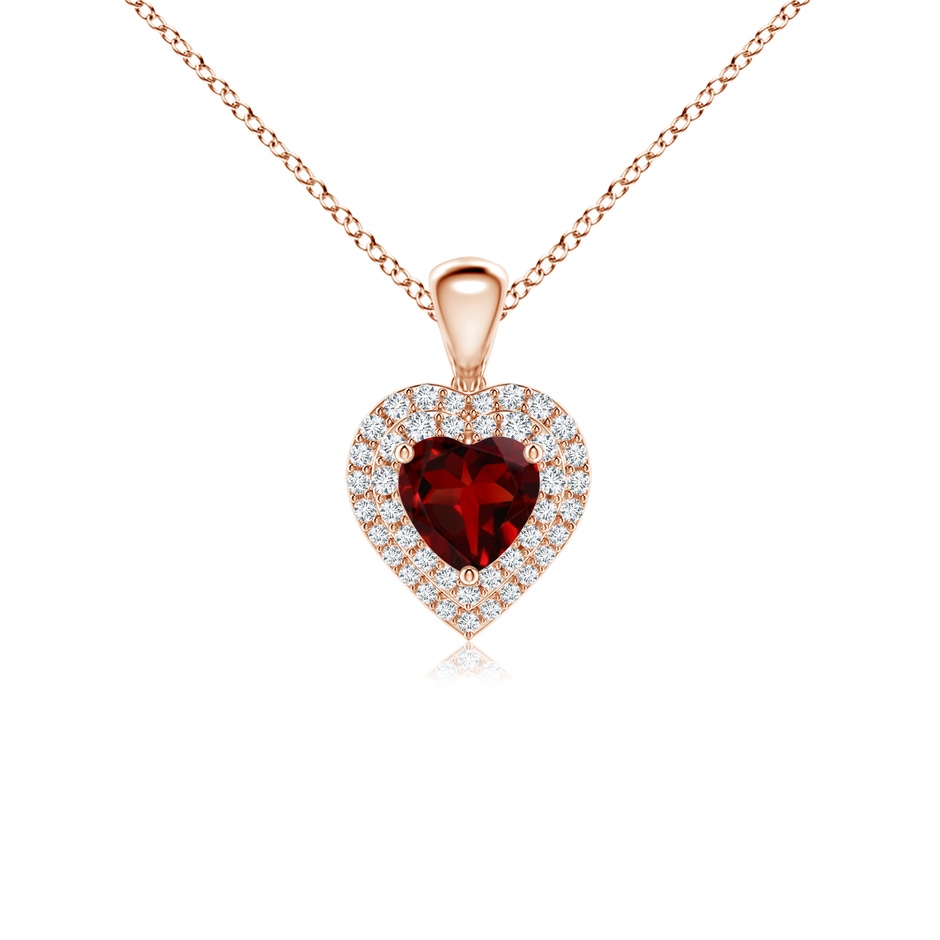 5mm AAAA Garnet Heart Pendant with Diamond Double Halo in Rose Gold 