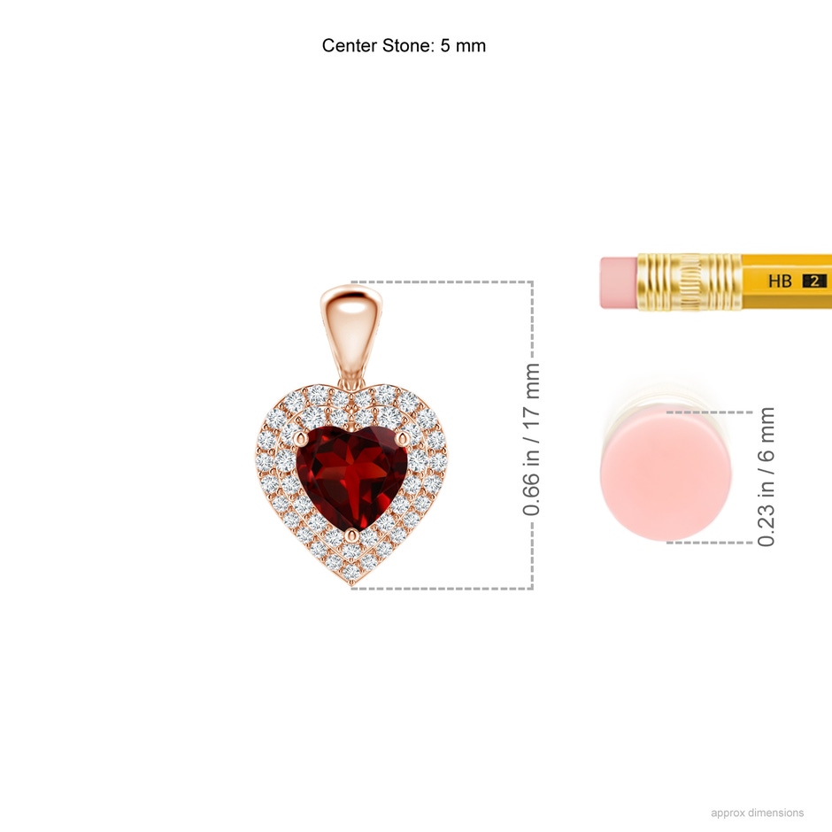 5mm AAAA Garnet Heart Pendant with Diamond Double Halo in Rose Gold ruler