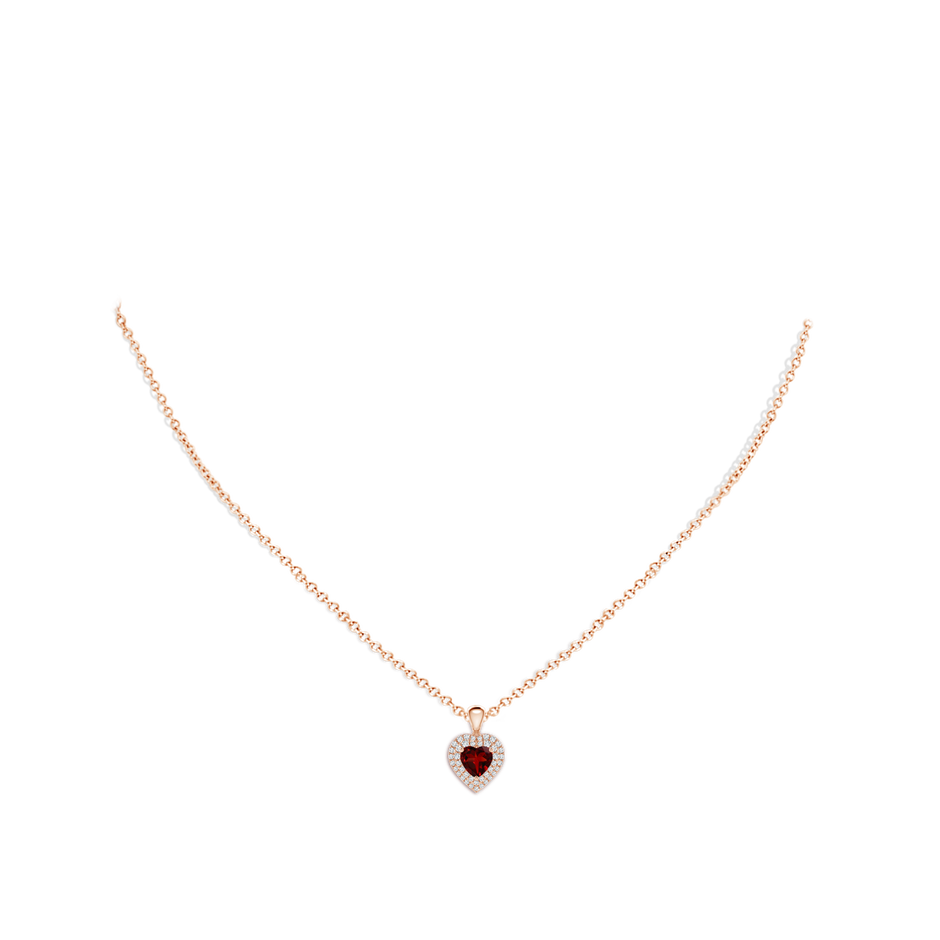 5mm AAAA Garnet Heart Pendant with Diamond Double Halo in Rose Gold body-neck