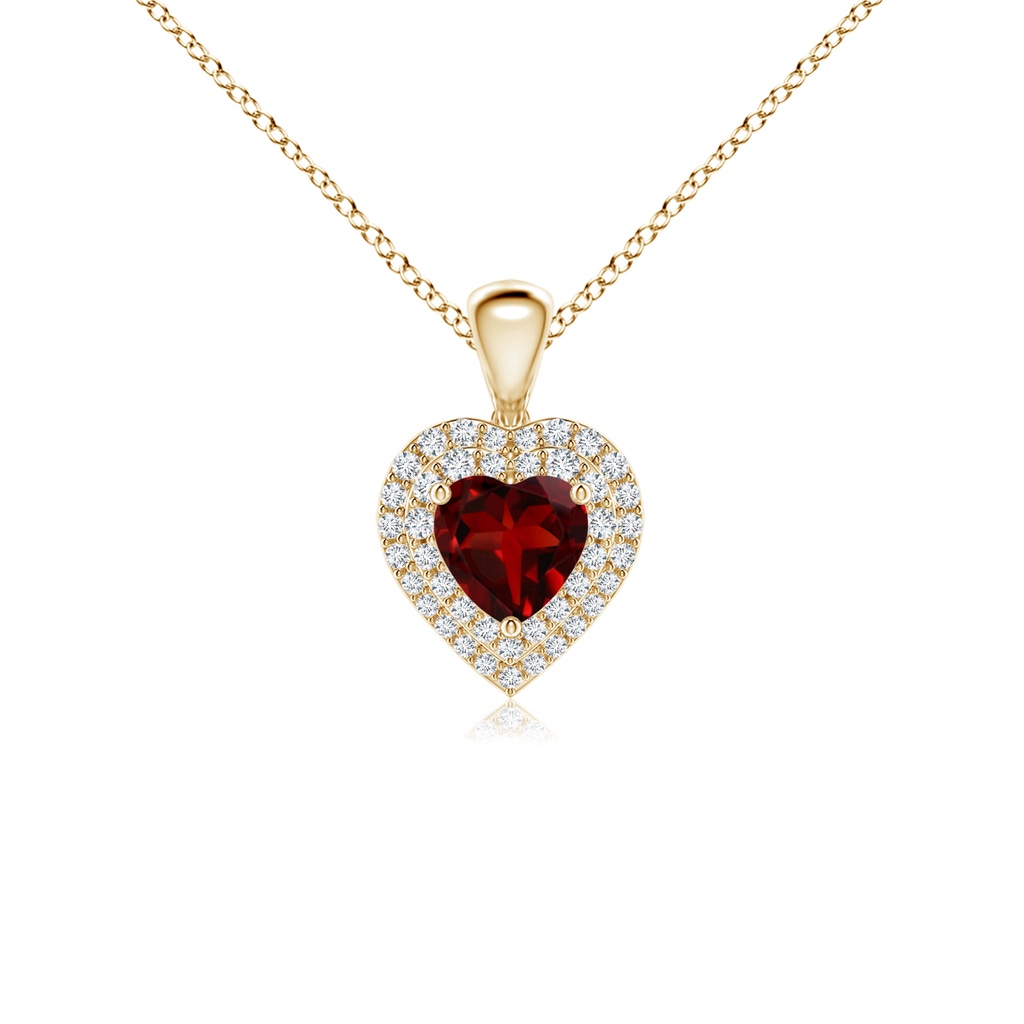 5mm AAAA Garnet Heart Pendant with Diamond Double Halo in Yellow Gold