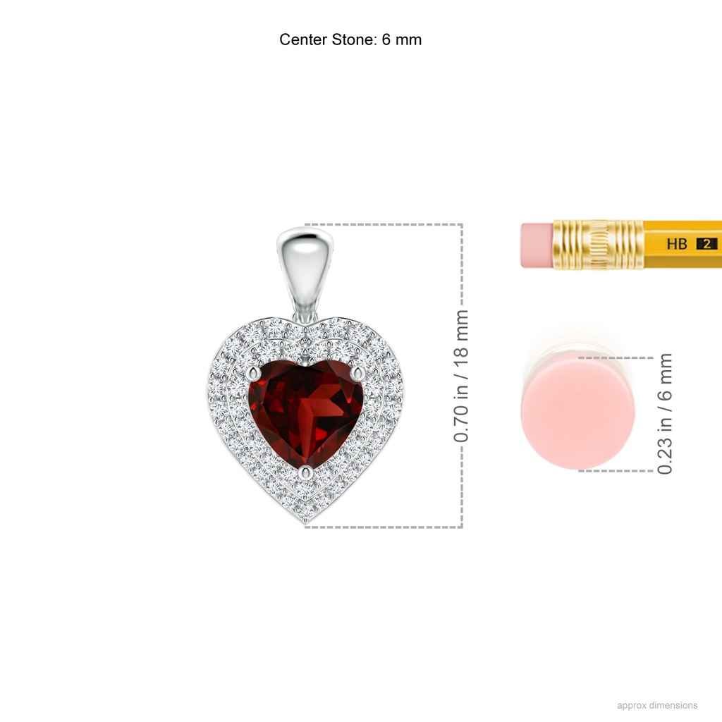 6mm AAA Garnet Heart Pendant with Diamond Double Halo in White Gold Ruler