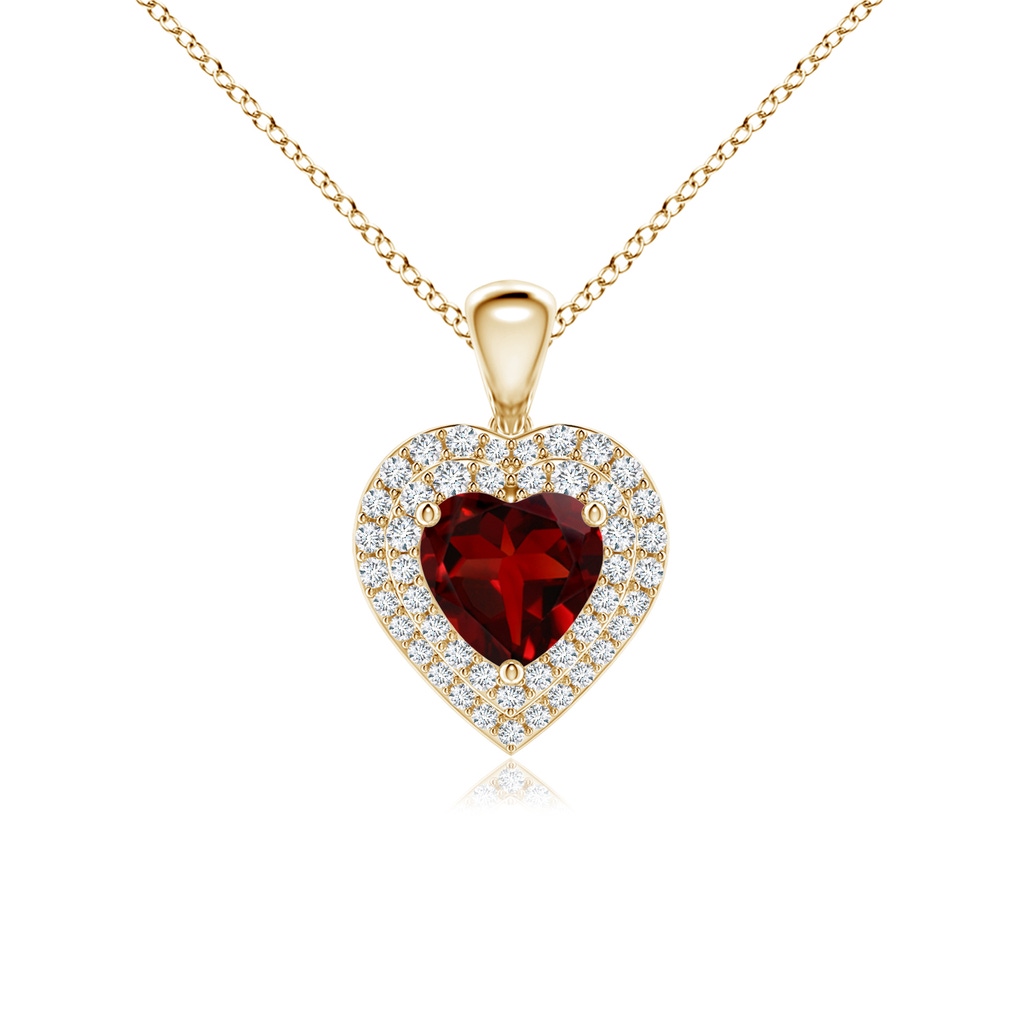 6mm AAAA Garnet Heart Pendant with Diamond Double Halo in Yellow Gold