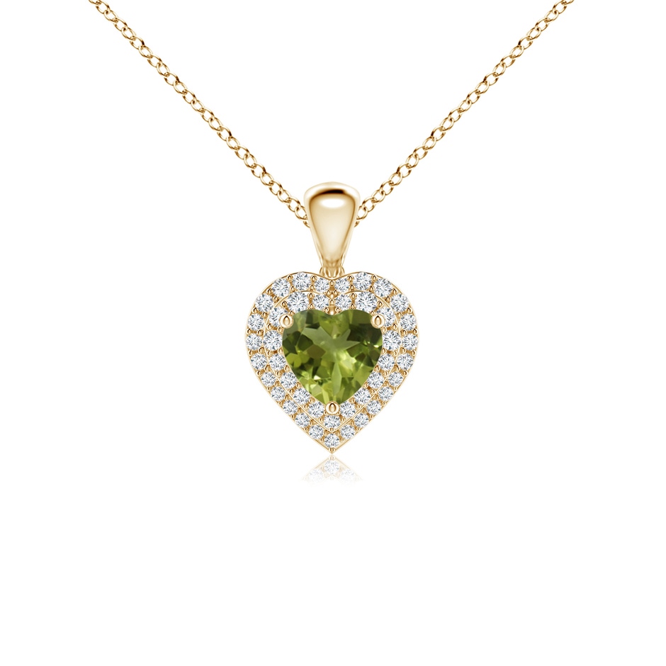 5mm A Peridot Heart Pendant with Diamond Double Halo in Yellow Gold 
