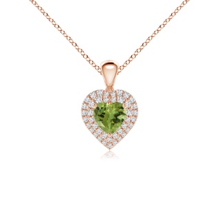 5mm AA Peridot Heart Pendant with Diamond Double Halo in Rose Gold