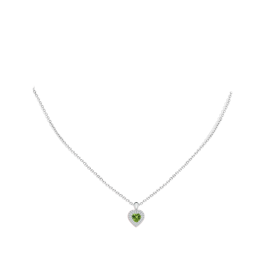 5mm AAA Peridot Heart Pendant with Diamond Double Halo in White Gold body-neck