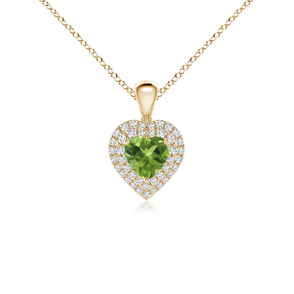 5mm AAA Peridot Heart Pendant with Diamond Double Halo in Yellow Gold 