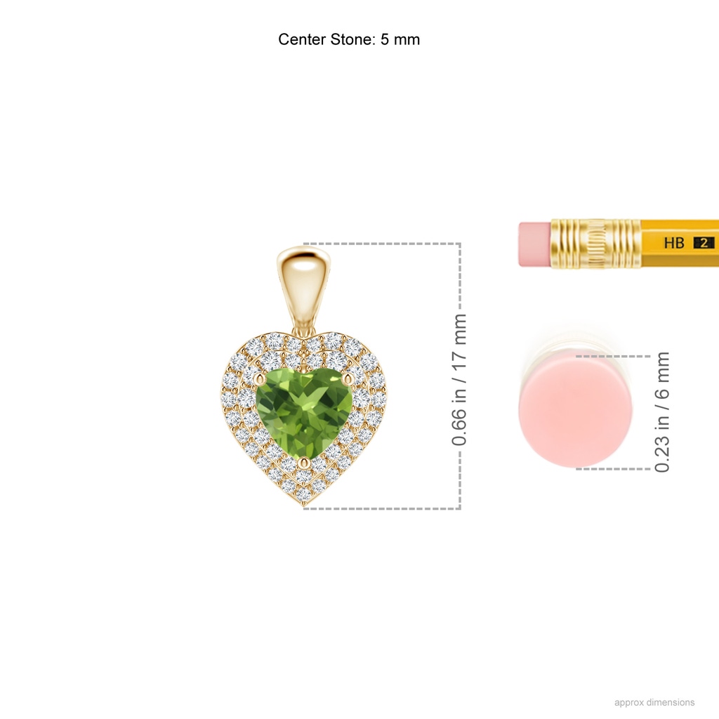 5mm AAA Peridot Heart Pendant with Diamond Double Halo in Yellow Gold Ruler