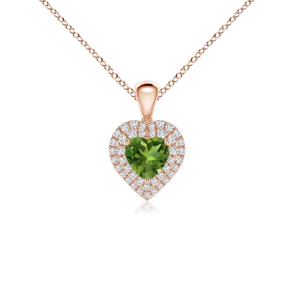 5mm AAAA Peridot Heart Pendant with Diamond Double Halo in Rose Gold